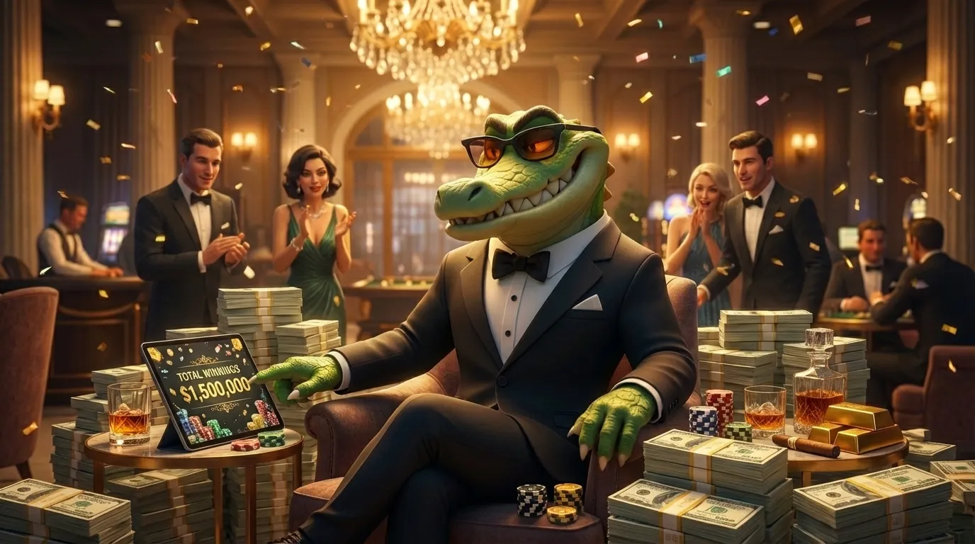 Crocodile in a suit at the gaming table in a luxury casino