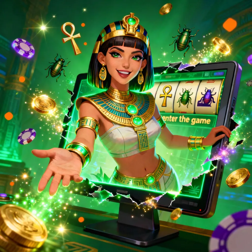 An Egyptian-style girl at a slot machine with green effects and bonuses